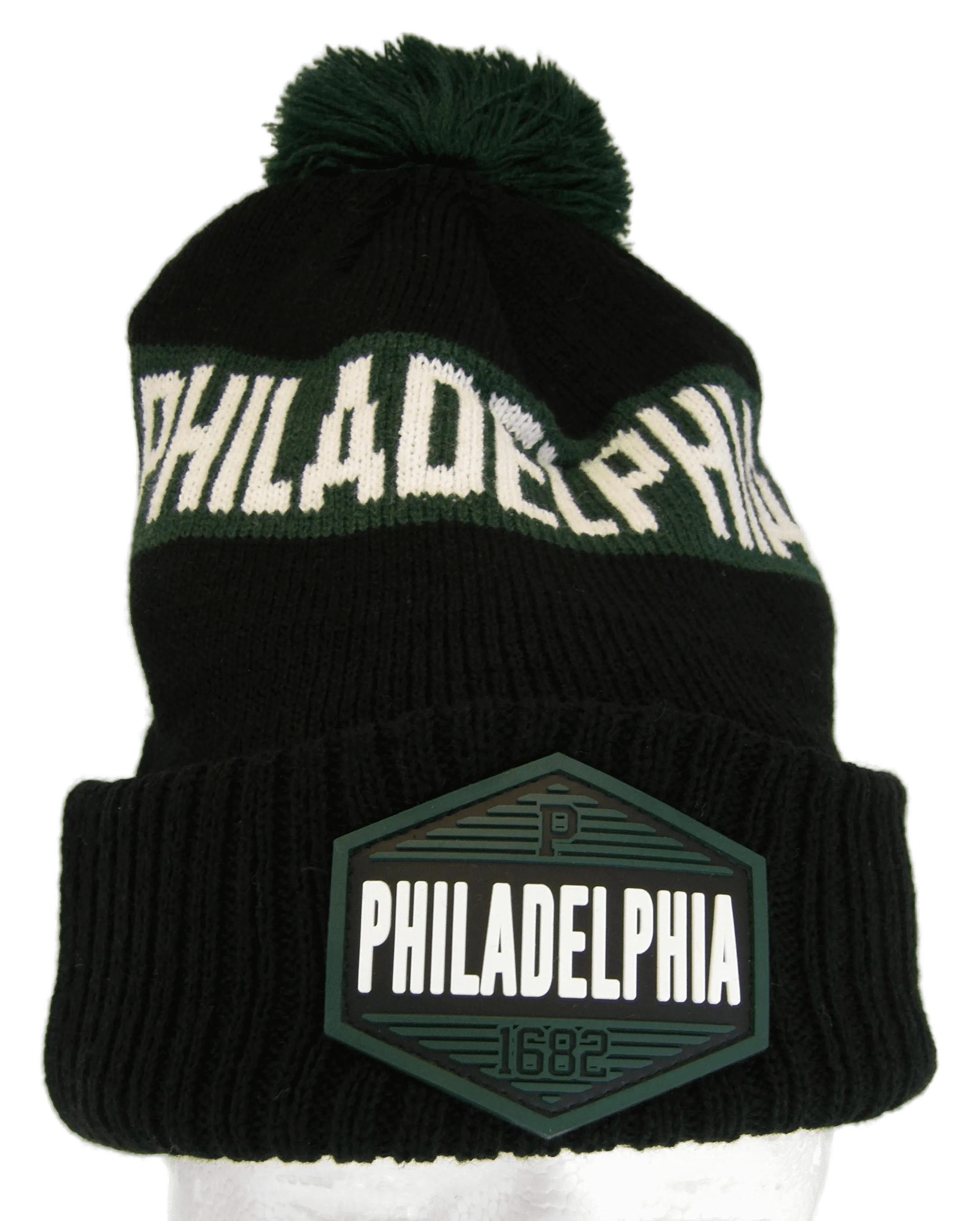 Philadelphia City Name Winter Knit 3D Rubber Patch Pom Beanie Hat (Black/Green)