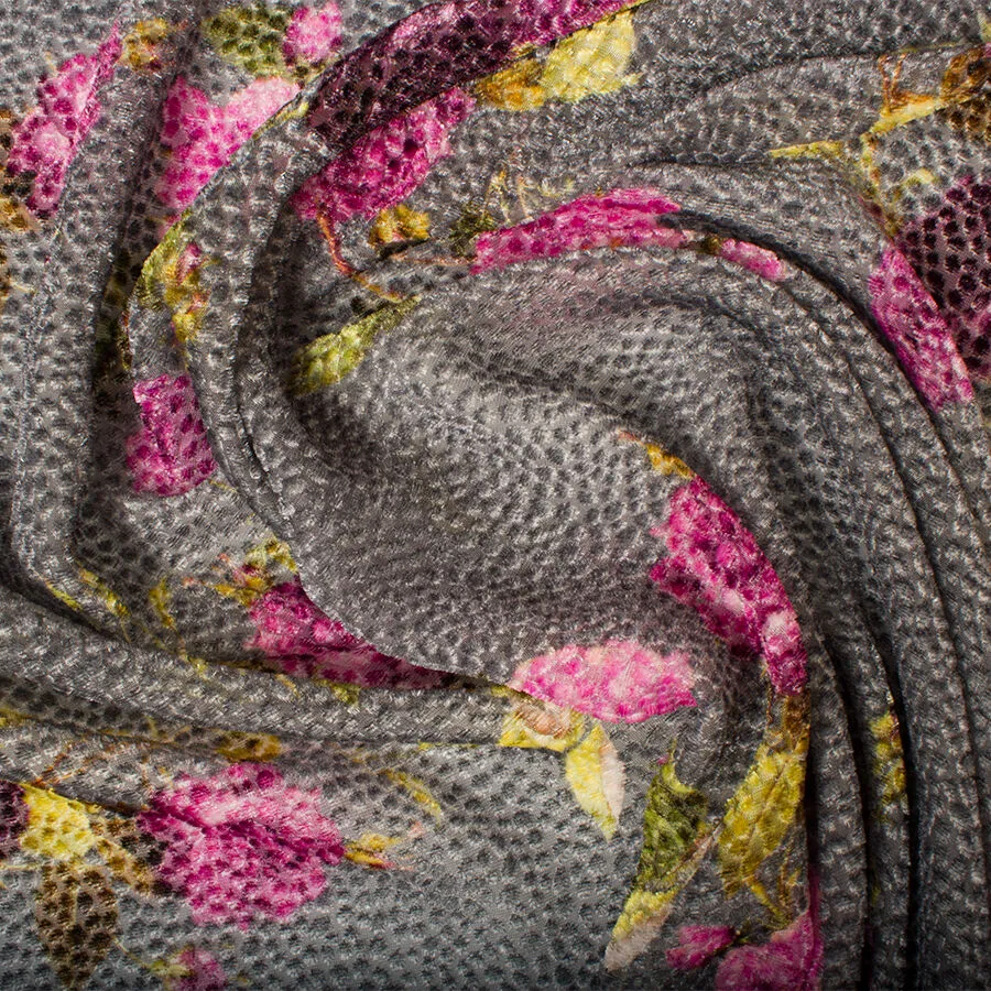 Pink Floral Grey Devoré Velvet