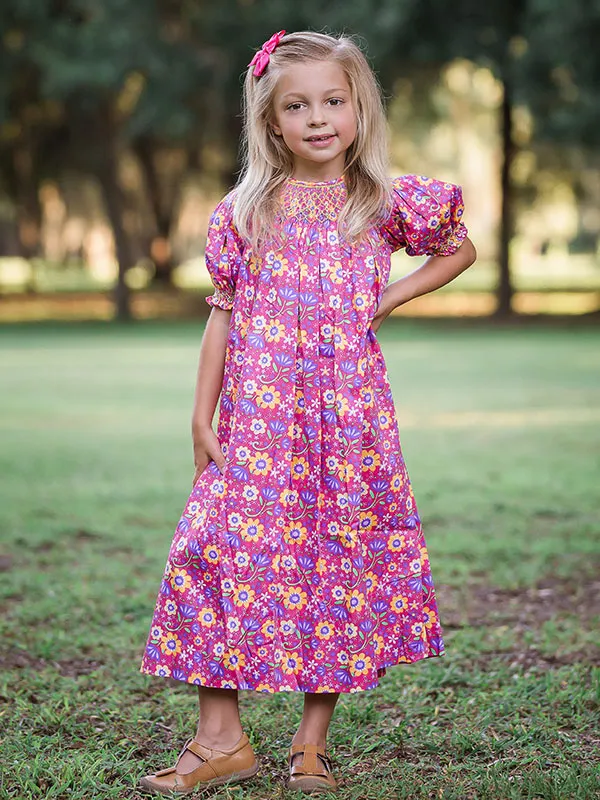 Pink Girls Floral Hand Smocked Bishop Dress