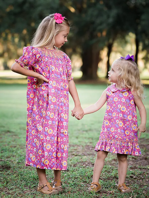 Pink Girls Floral Hand Smocked Bishop Dress