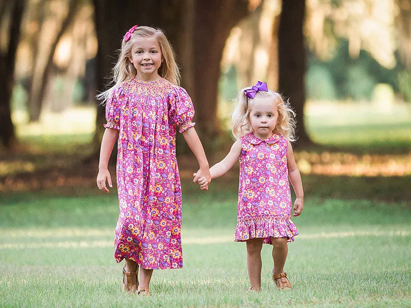 Pink Girls Floral Hand Smocked Bishop Dress