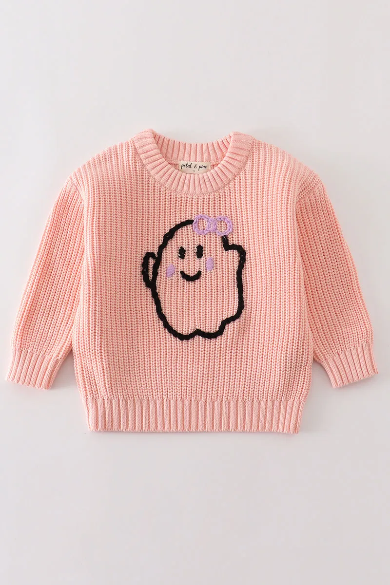 Pink hand-embroidery ghost pullover sweater