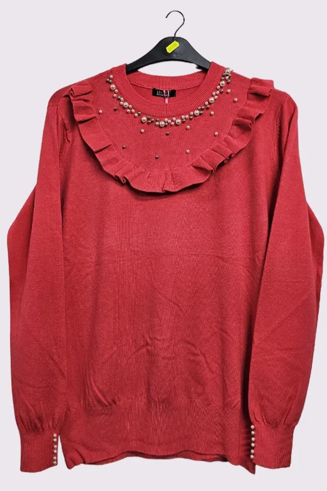 Plain Beaded Ruffle Knitted Tunic Top