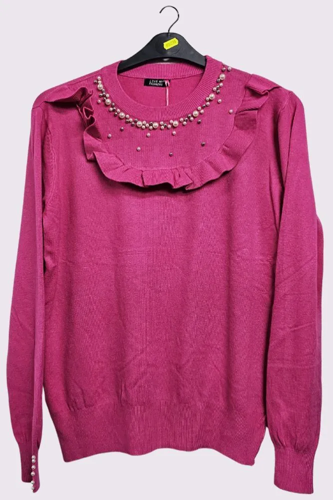 Plain Beaded Ruffle Knitted Tunic Top