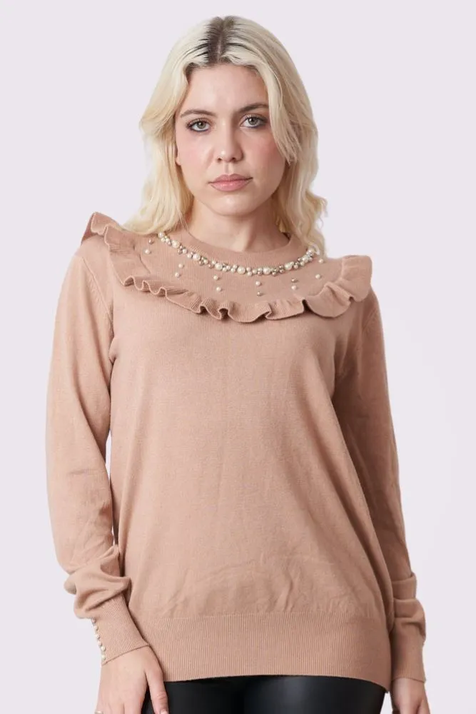 Plain Beaded Ruffle Knitted Tunic Top