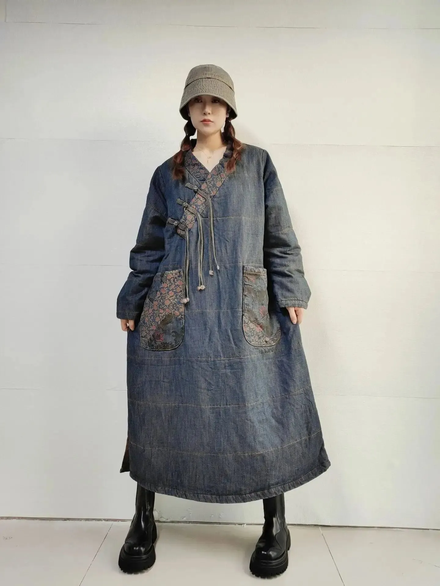 Plus Size Winter Dress Denim Coat Dress with Retro Winter Style