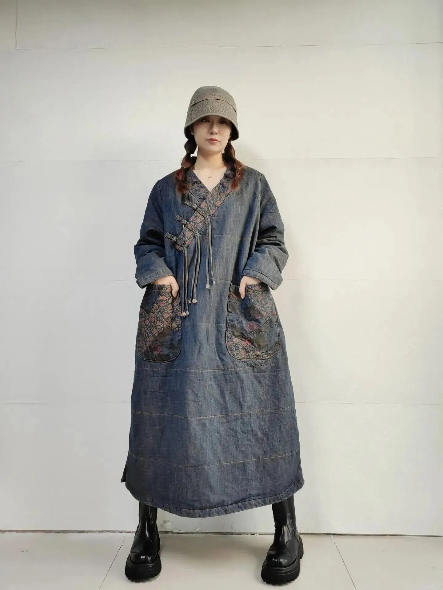 Plus Size Winter Dress Denim Coat Dress with Retro Winter Style