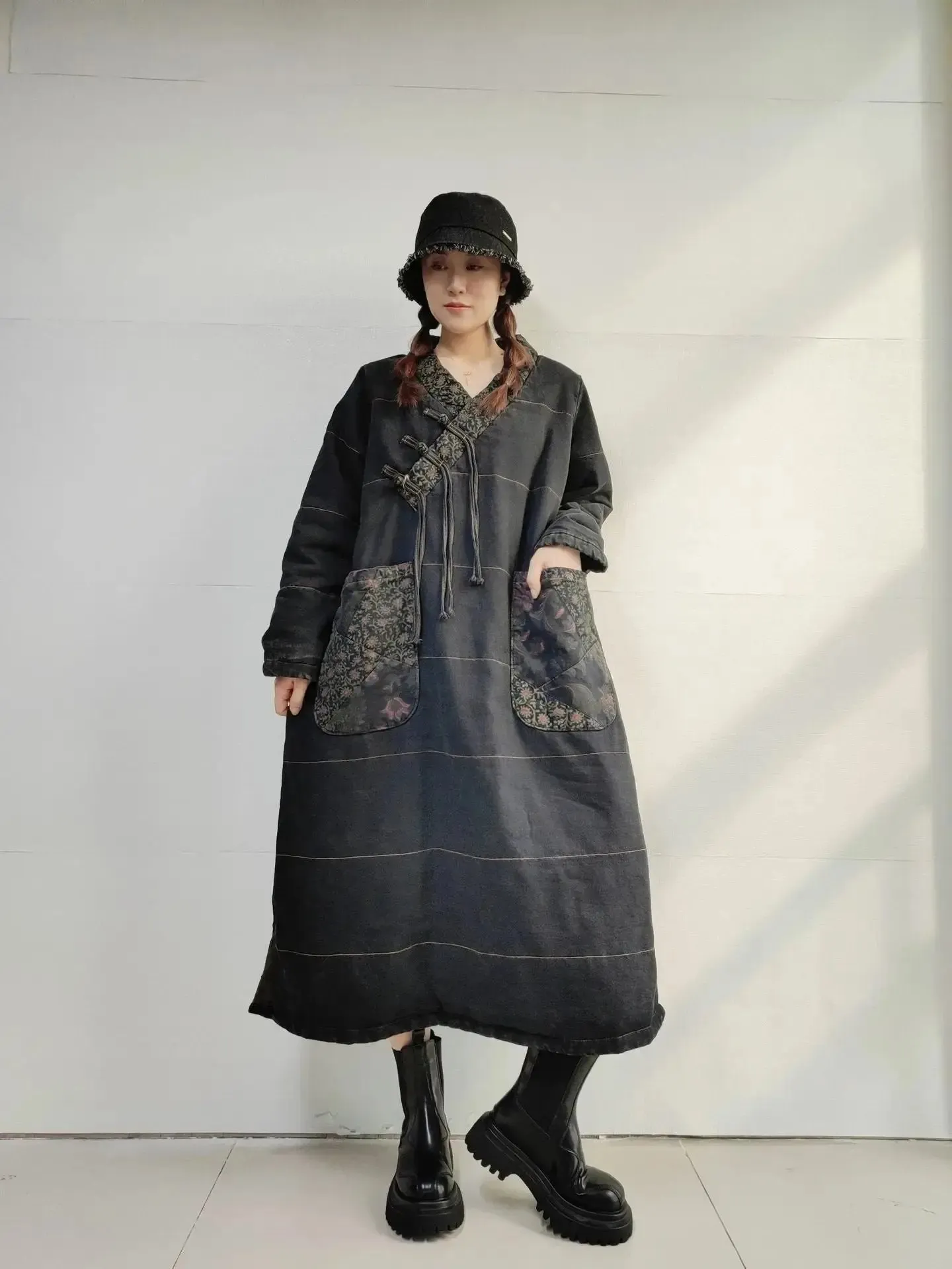 Plus Size Winter Dress Denim Coat Dress with Retro Winter Style