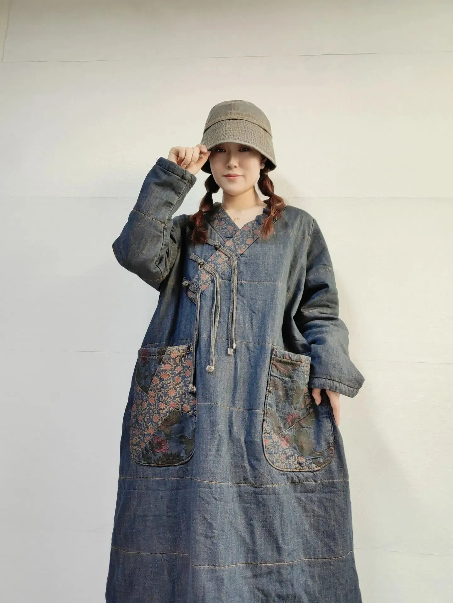 Plus Size Winter Dress Denim Coat Dress with Retro Winter Style