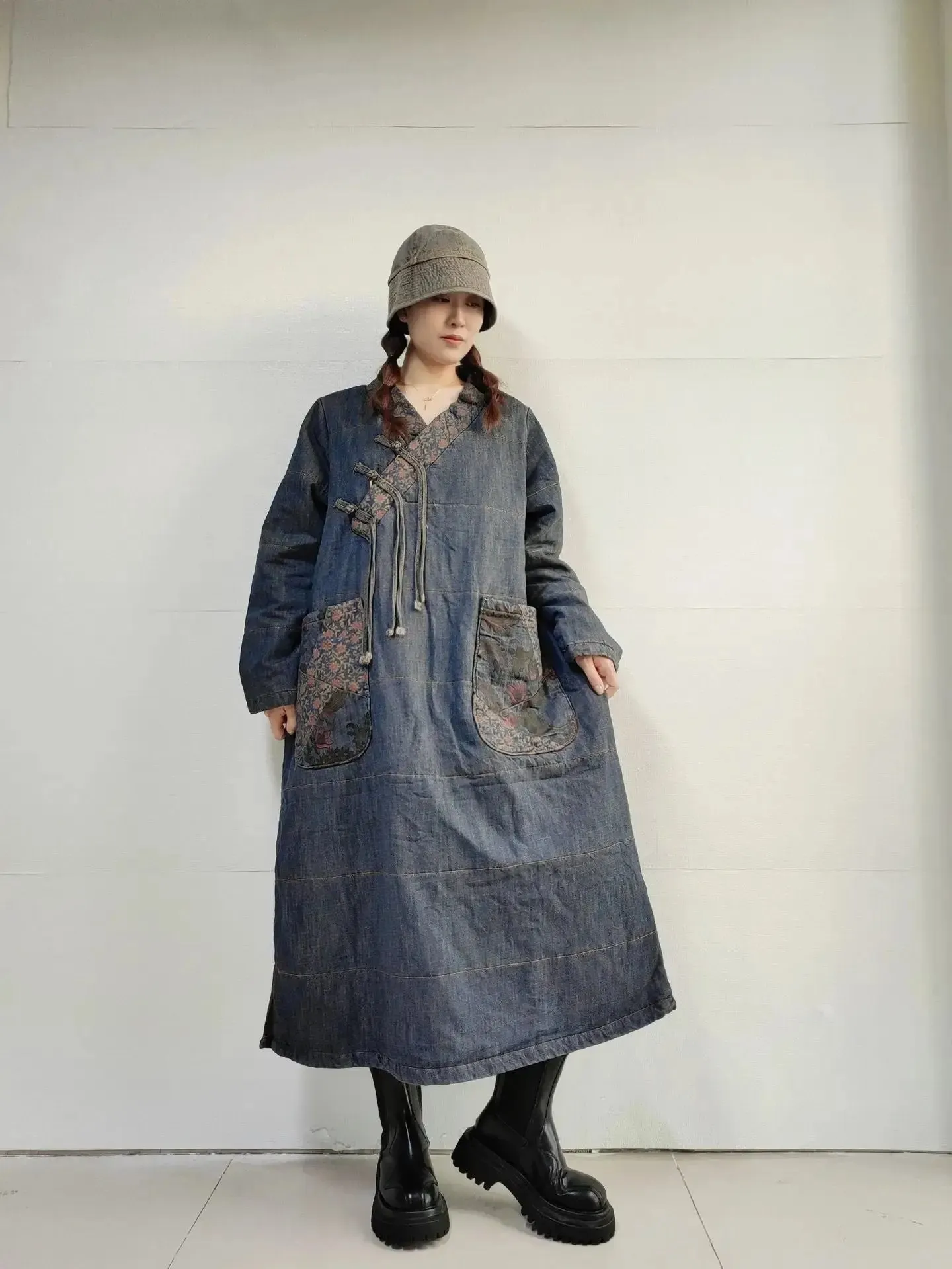 Plus Size Winter Dress Denim Coat Dress with Retro Winter Style