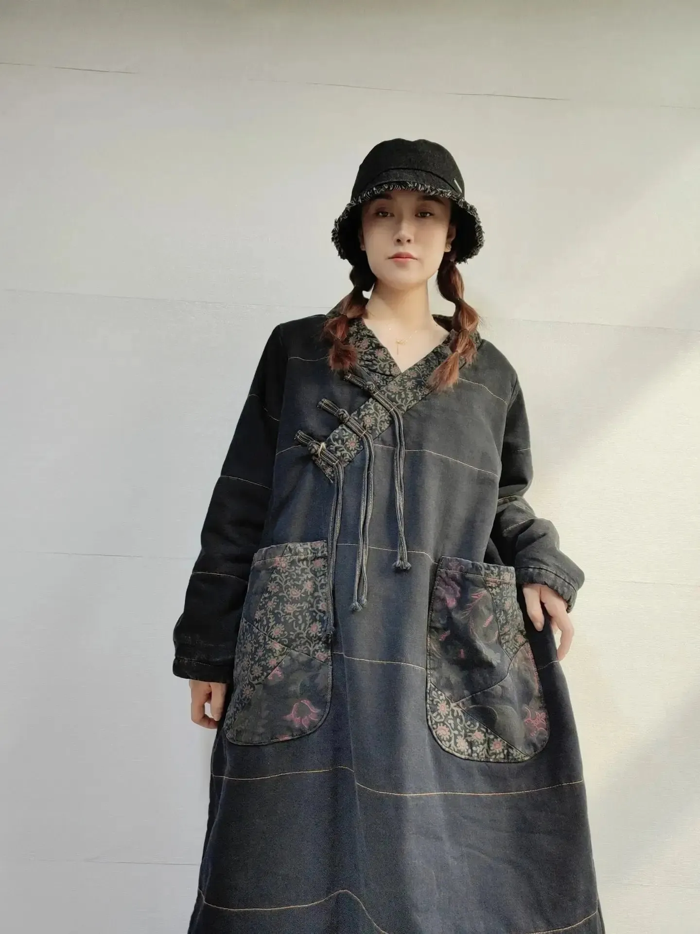 Plus Size Winter Dress Denim Coat Dress with Retro Winter Style