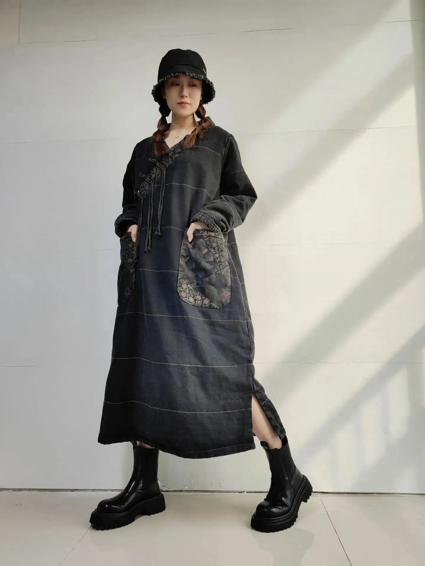 Plus Size Winter Dress Denim Coat Dress with Retro Winter Style