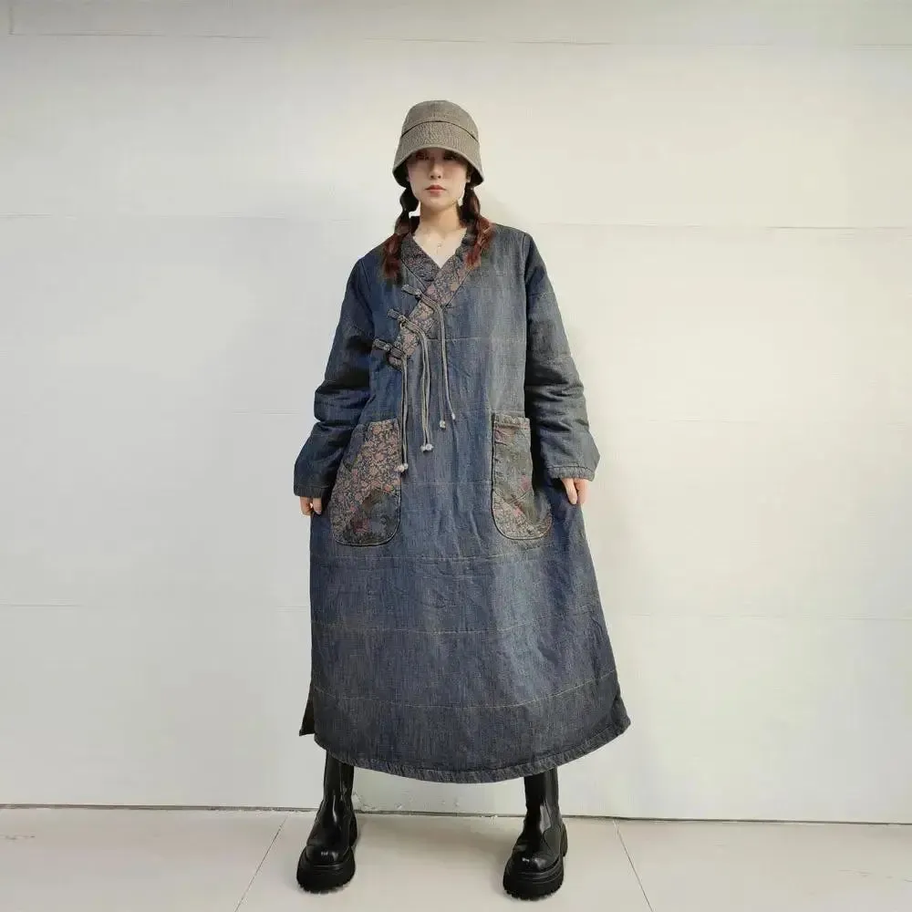 Plus Size Winter Dress Denim Coat Dress with Retro Winter Style