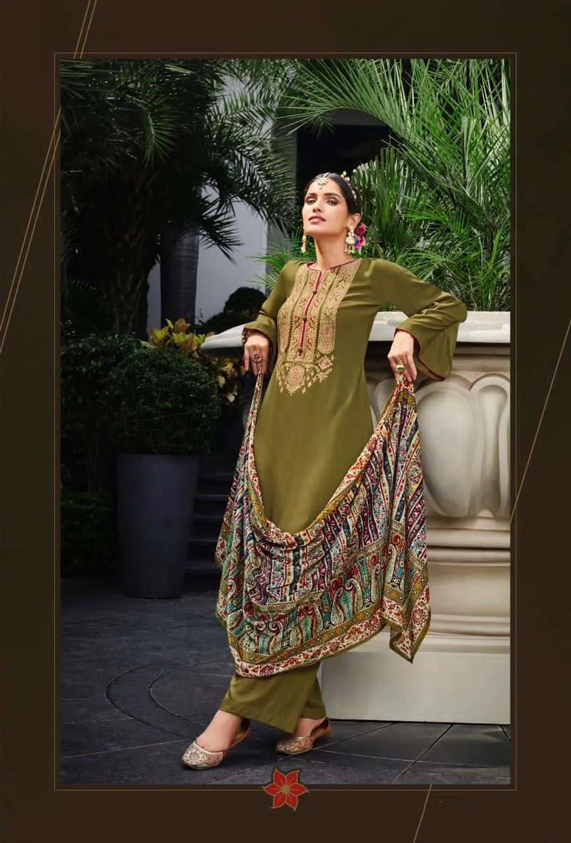 Pure Viscose Pashmina Green Unstitched Winter Suits with Velvet Dupatta