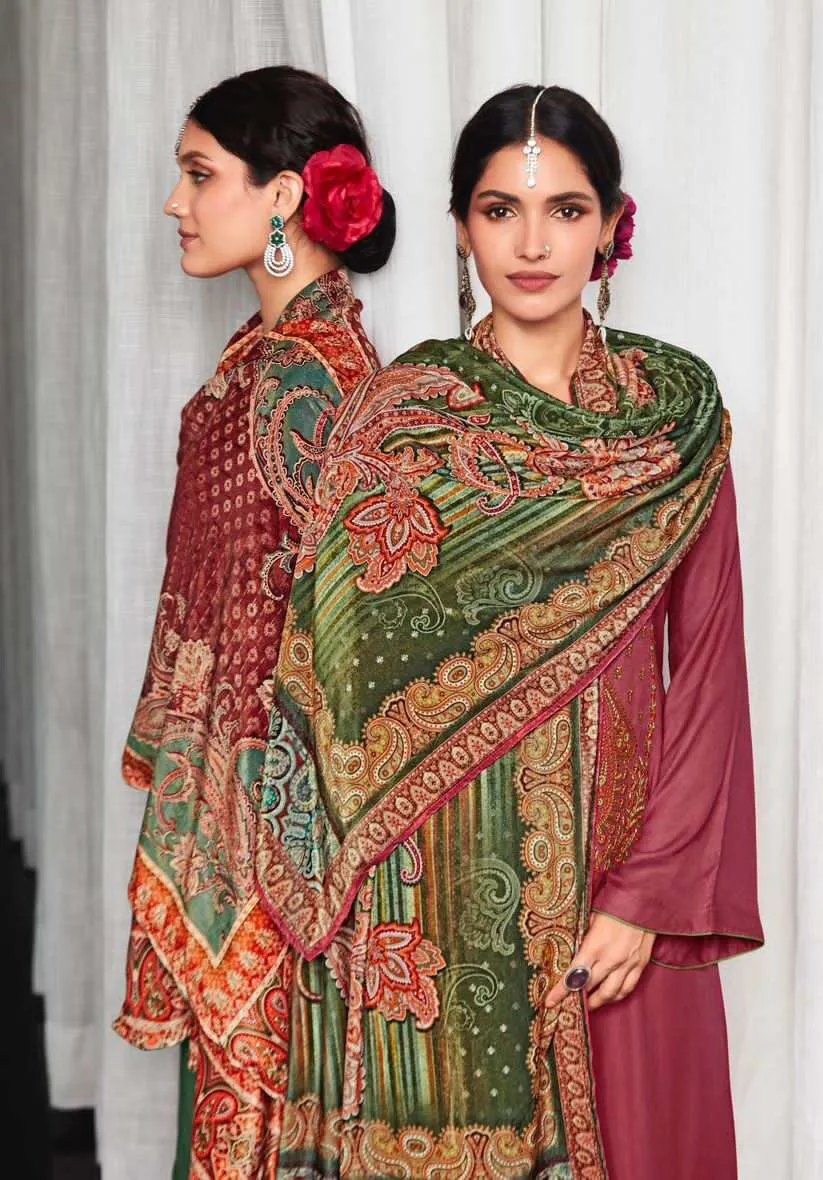 Pure Viscose Staple Pashmina Unstitched Winter Suits with Velvet Dupatta