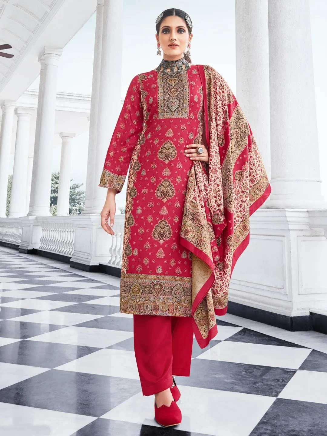 Red Woolen Pashmina Printed Unstitched Winter Suit