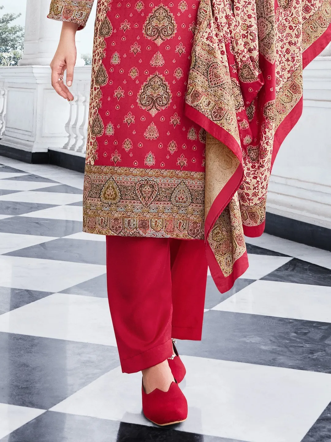 Red Woolen Pashmina Printed Unstitched Winter Suit