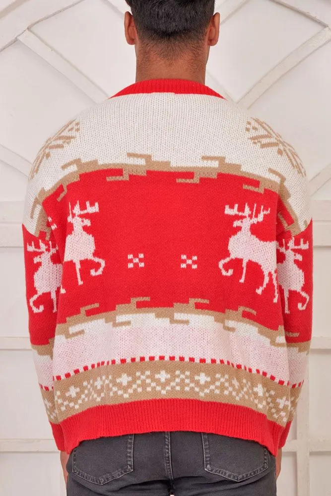 Reindeer Pattern Xmas Ribbed Jumper