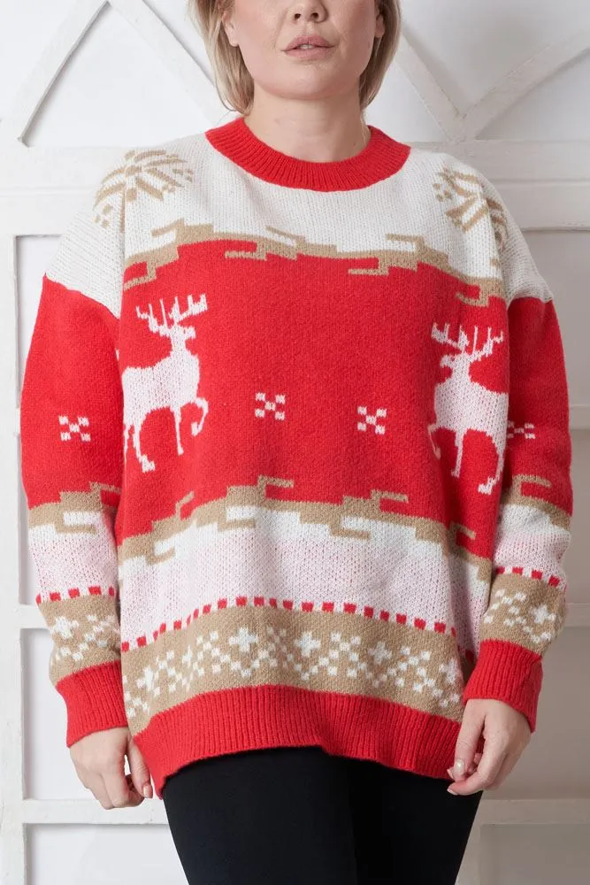 Reindeer Pattern Xmas Ribbed Jumper