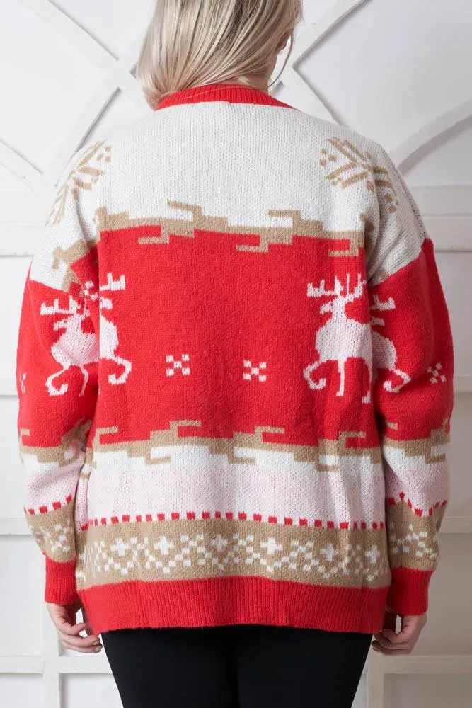 Reindeer Pattern Xmas Ribbed Jumper