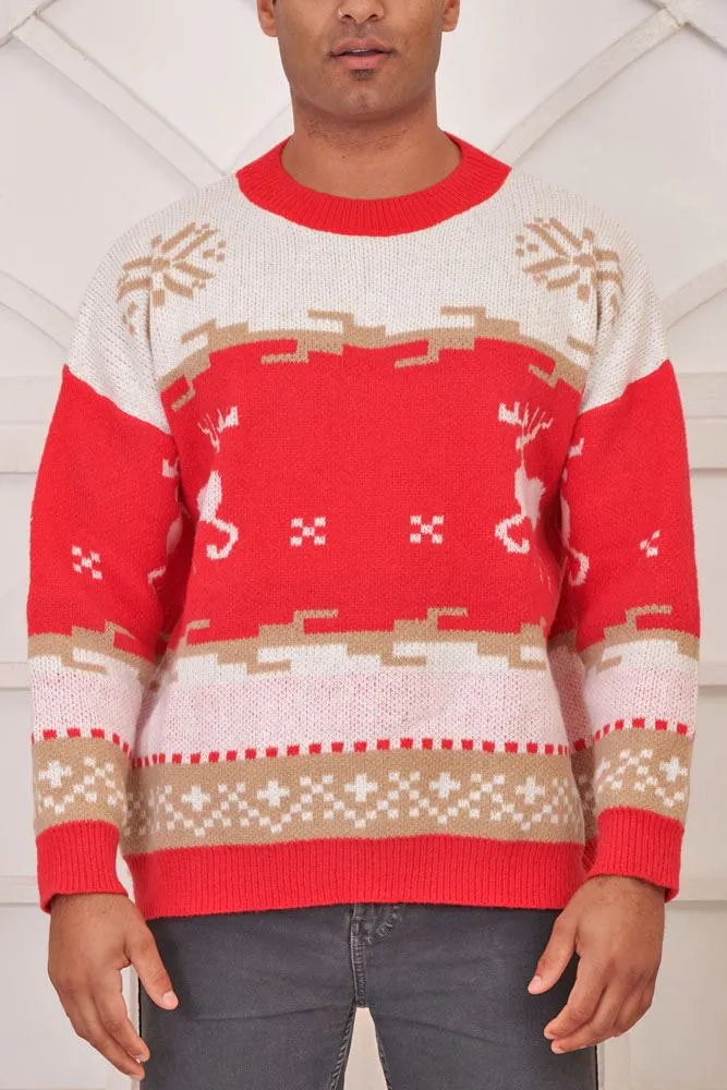 Reindeer Pattern Xmas Ribbed Jumper