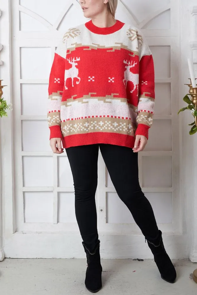 Reindeer Pattern Xmas Ribbed Jumper