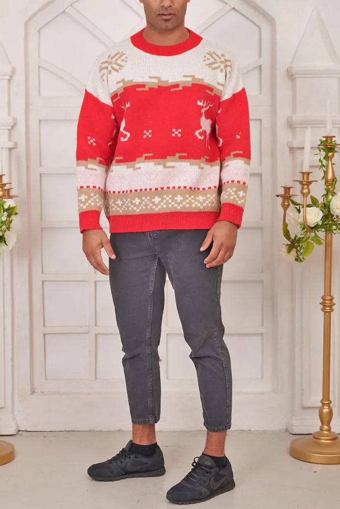 Reindeer Pattern Xmas Ribbed Jumper