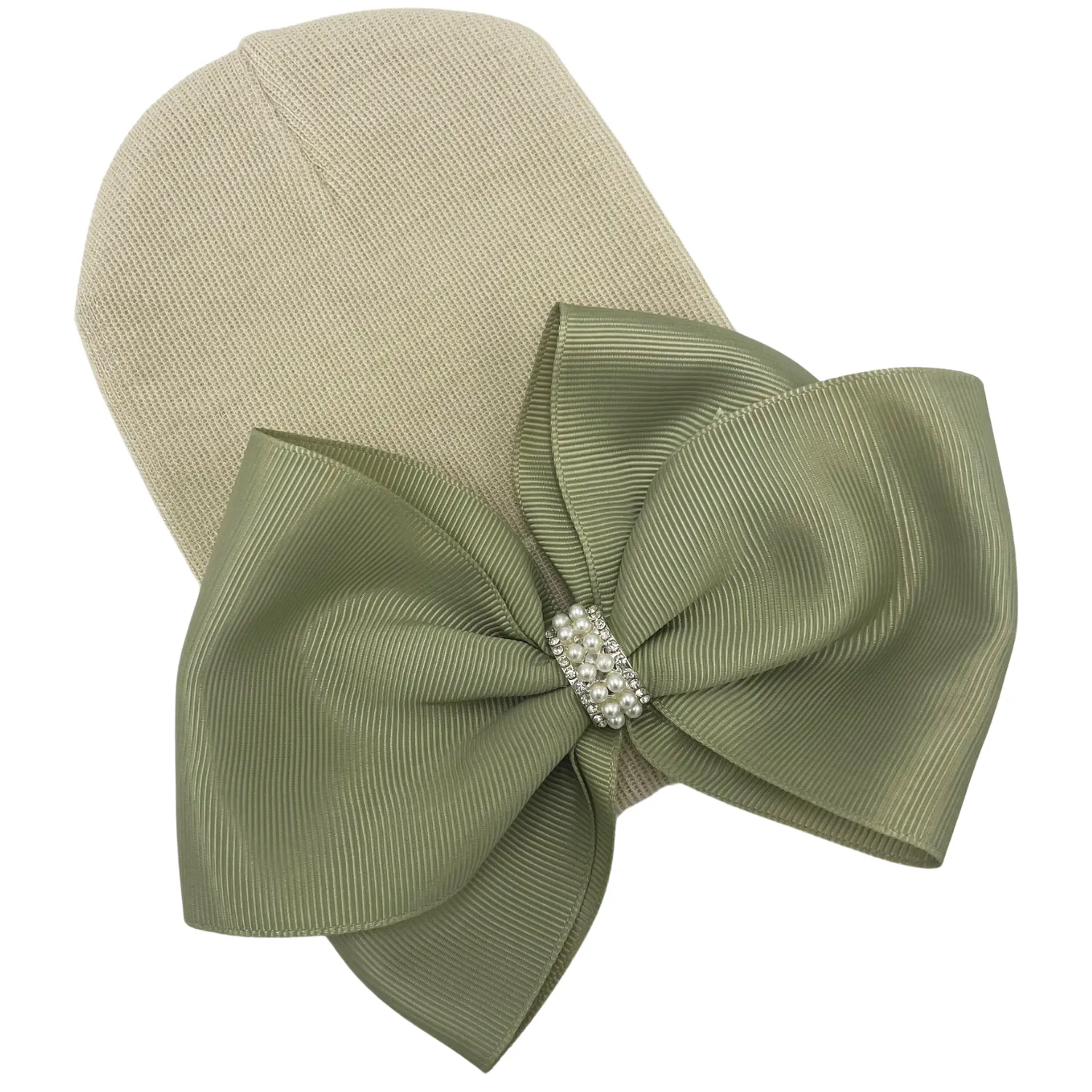 Sage Green Large Bow with Rhinestone and Tiny Pearl Gem Center on OATMEAL HAT - Newborn Girl Bow Hospital Hat