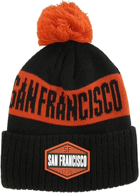 San Francisco City Name Winter Knit 3D Rubber Patch Pom Beanie Hat (Black/Red)