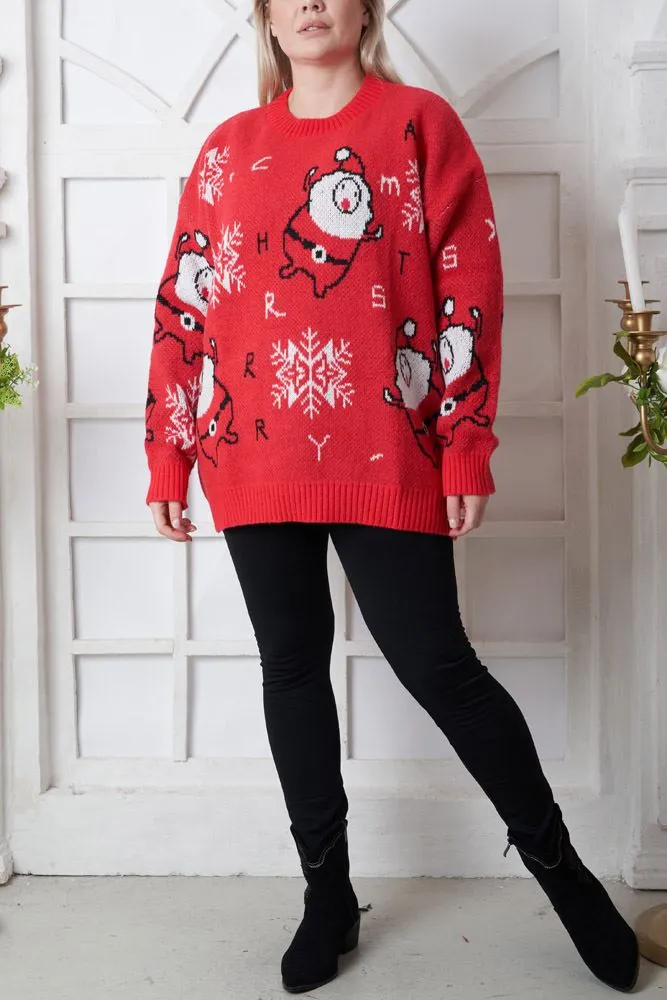 Santa Snowflake Pattern Xmas Ribbed Jumper