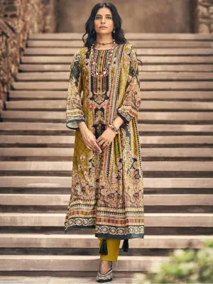 Silk Velvet Mustard Printed Unstitched Winter Suit Fabric