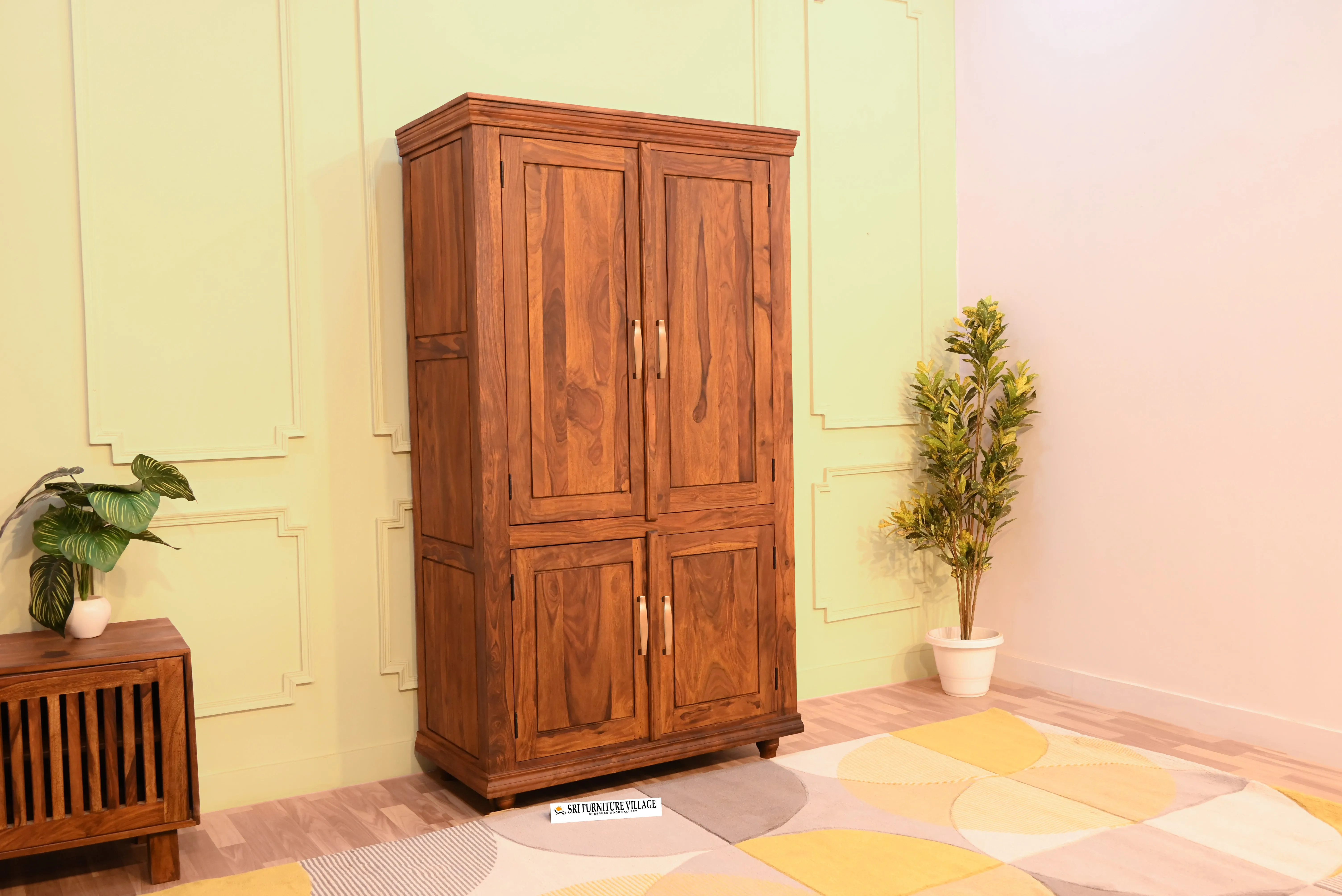 Solid Plain Door Sheesham Wood Wardrobe (Natural Finish) - 6127