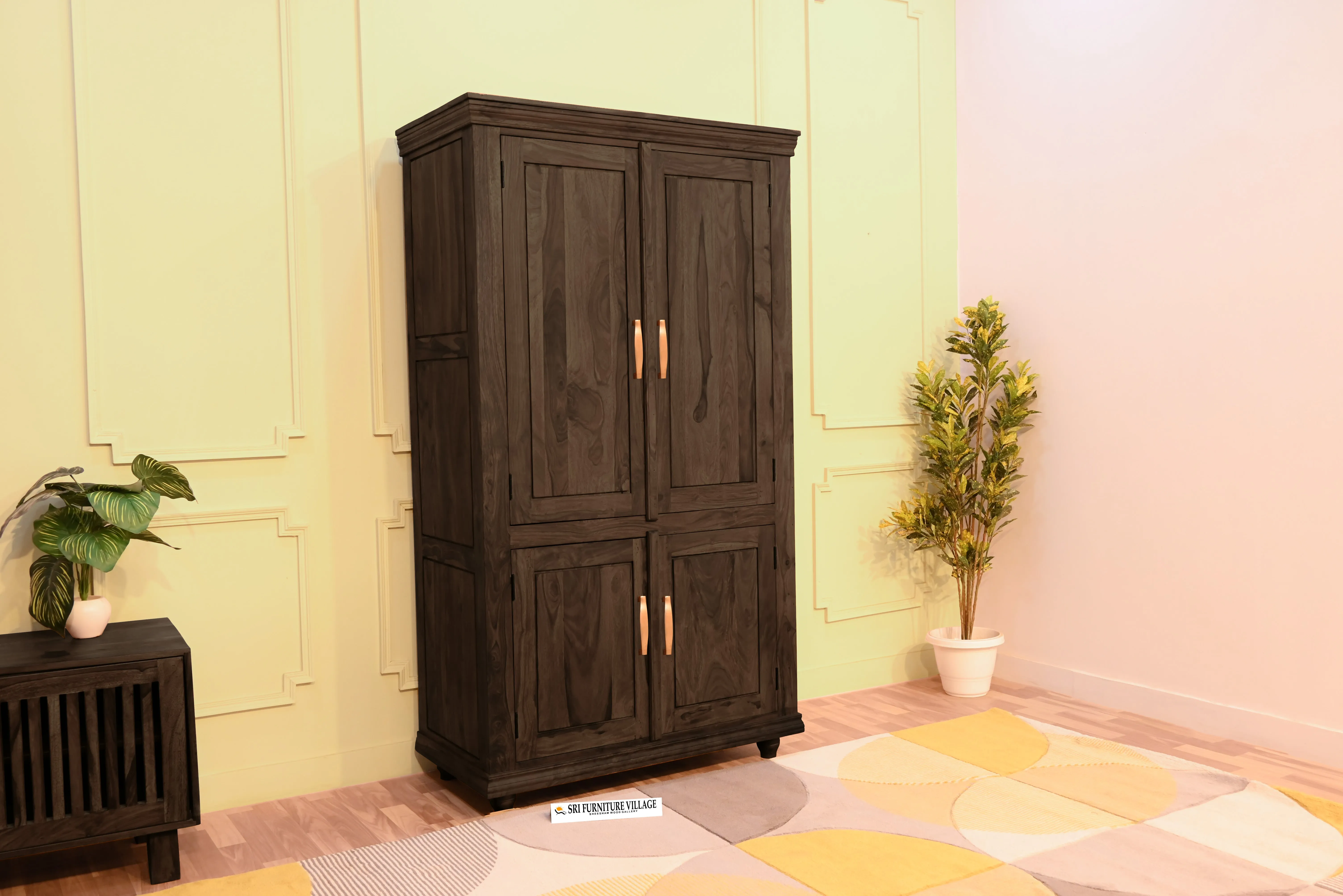 Solid Plain Door Sheesham Wood Wardrobe (Natural Finish) - 6127