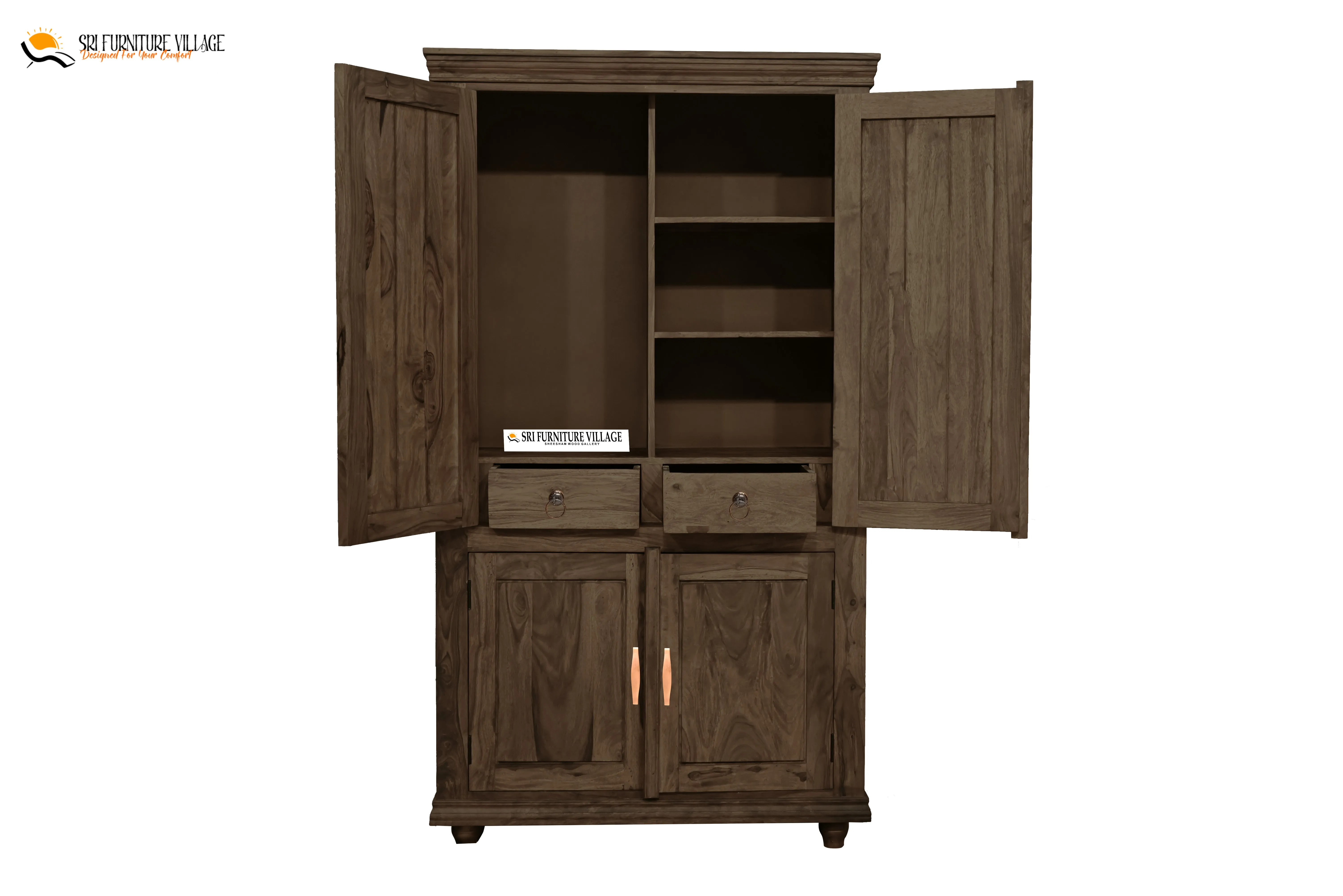 Solid Plain Door Sheesham Wood Wardrobe (Natural Finish) - 6127