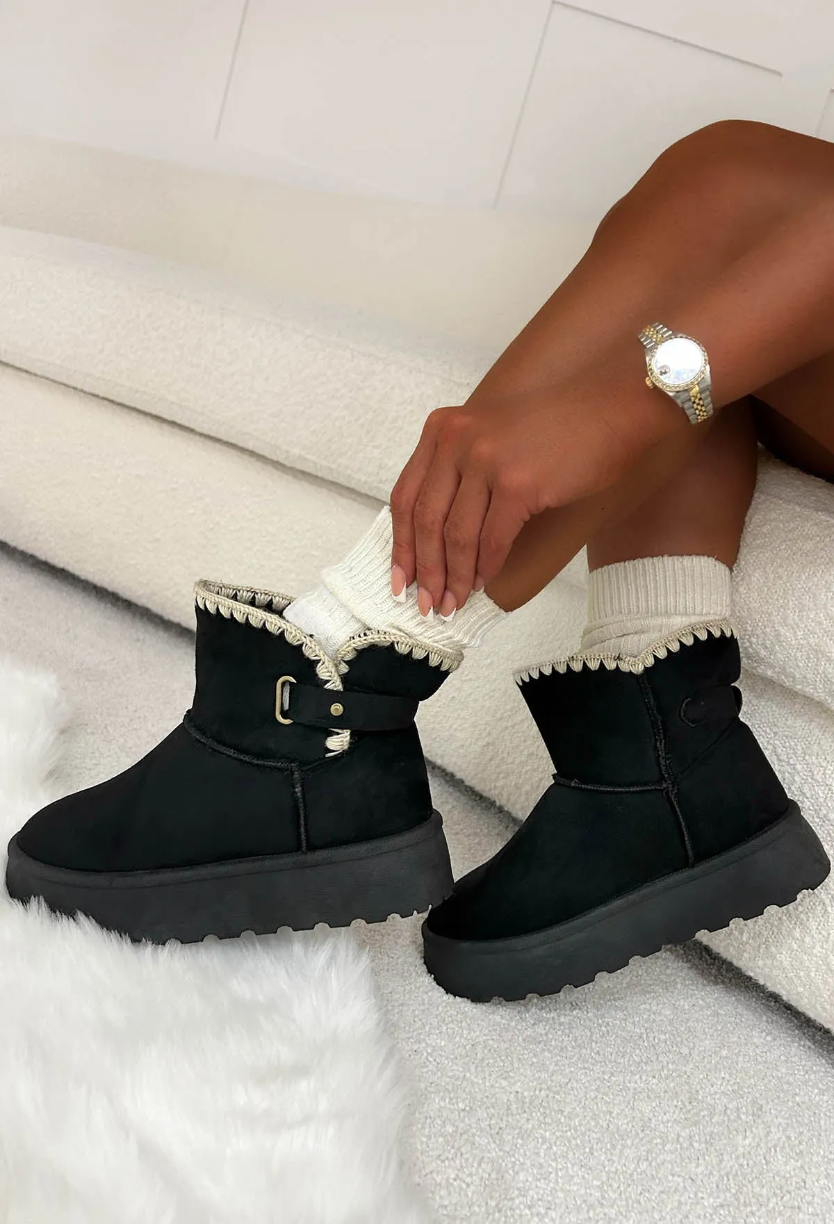 Step On Up Black Stitch Platform Faux Fur Boots