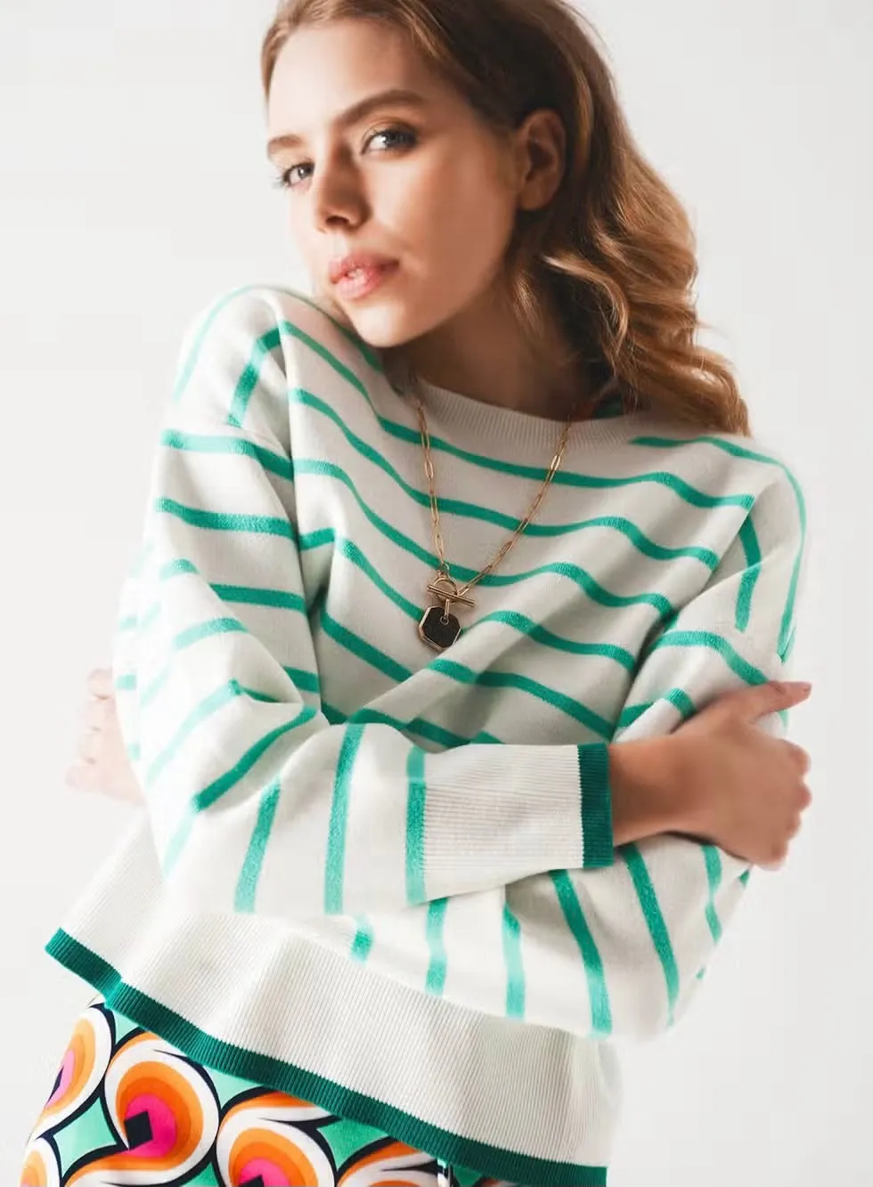 Stripe Sweater with Contrasting Stripe at Hem