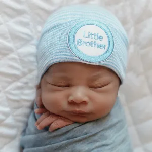 Striped Blue and White Little Brother Newborn Boy Hospital Beanie Hat Infant Hat Newborn Hat