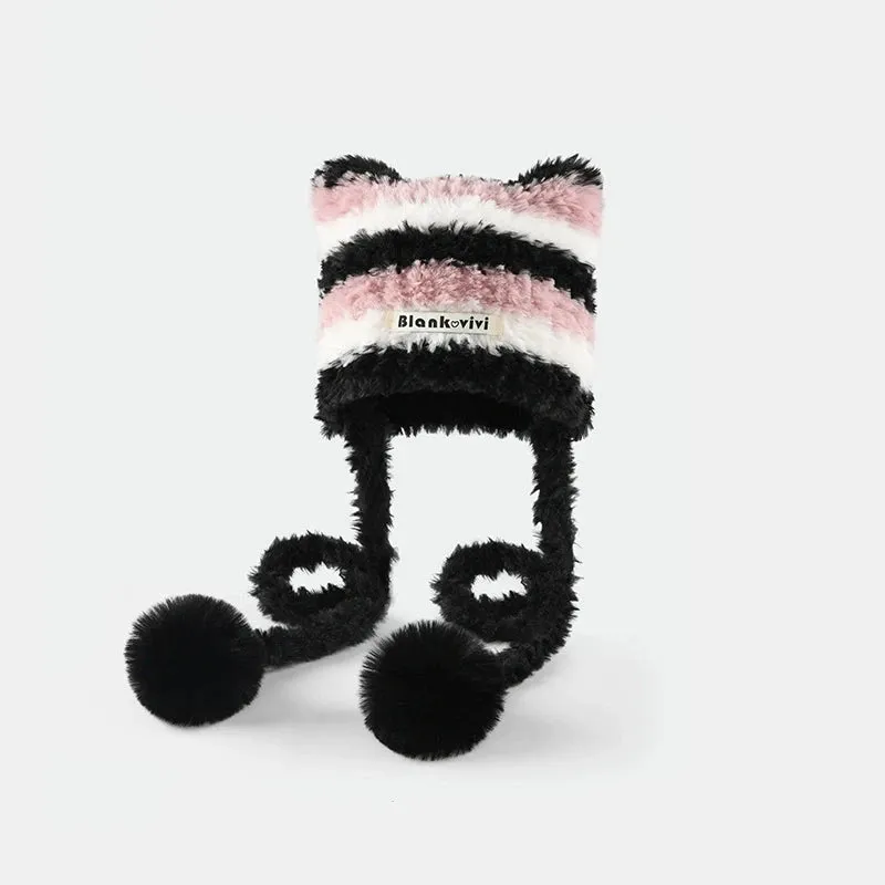 Striped Knitted Woolen Hat for Women - Thickened Ear Protection Cap