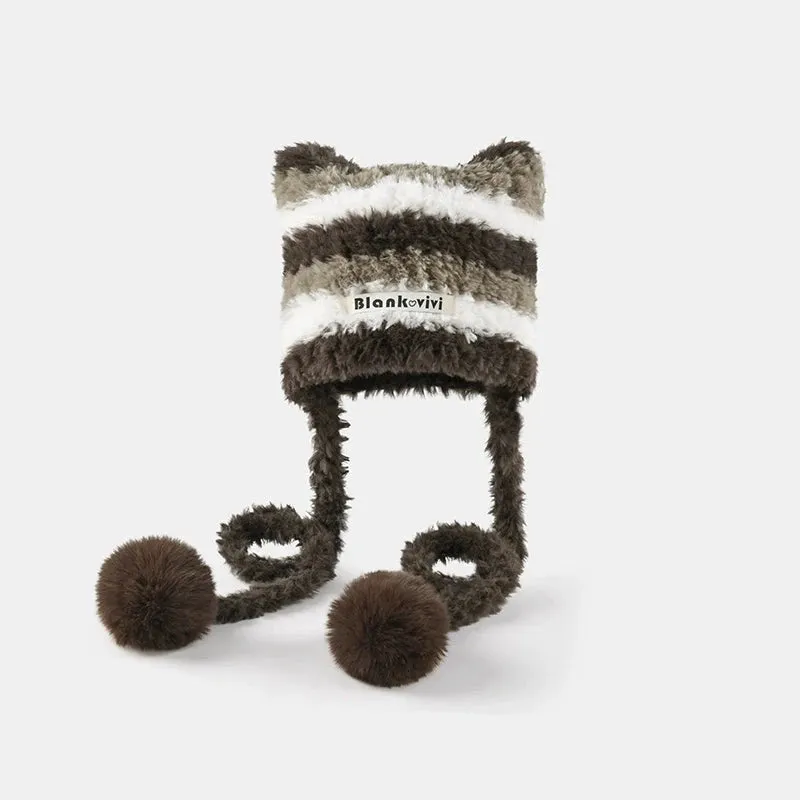 Striped Knitted Woolen Hat for Women - Thickened Ear Protection Cap