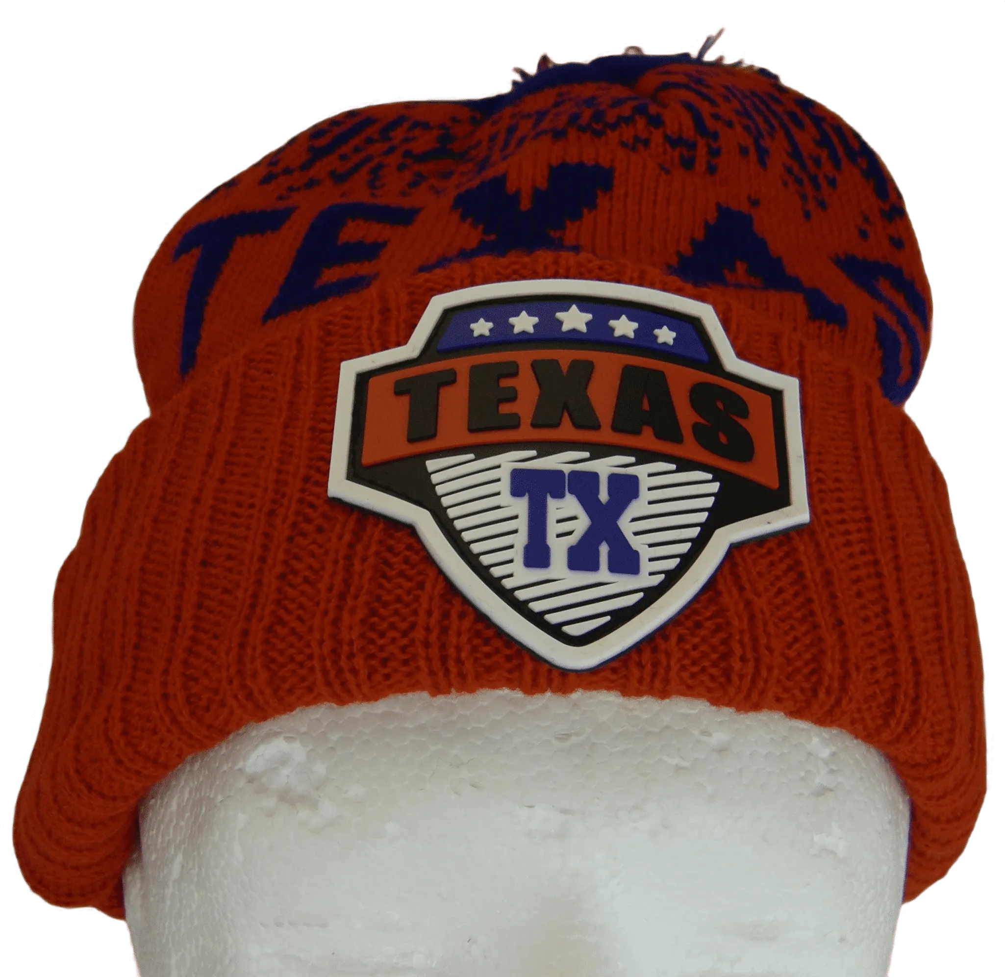 Texas Rubber Patch Ribbed Winter Knit Pom Beanie (Red/Royal)