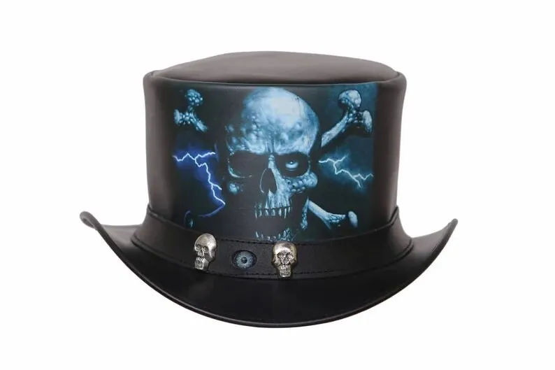 Top Hat Evil Eye Skull Leather Top Hat ,Steampunk Top Hat,Gothic Top hat Biker,Custom Leather Hat