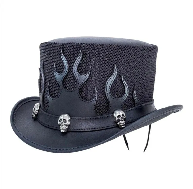 Top Hat Skulls Mens black leather hat with Flames Mesh Design New with Tags