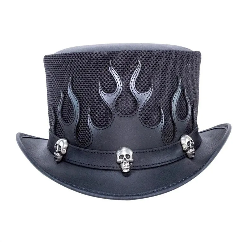 Top Hat Skulls Mens black leather hat with Flames Mesh Design New with Tags