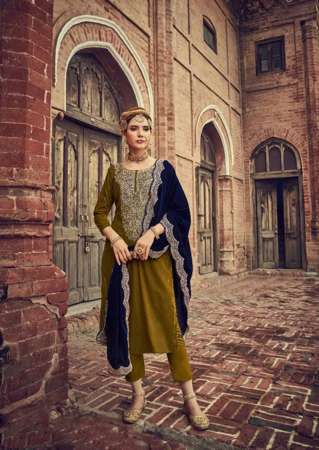 Unstitched Green Winter Velvet Salwar Suits Material for Women