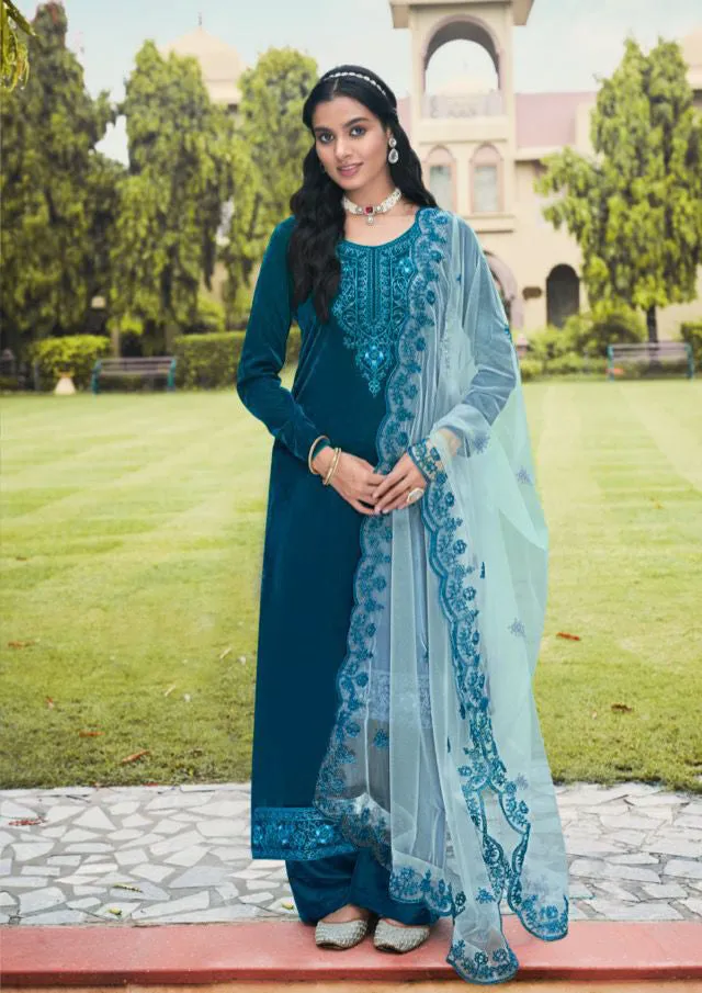 Unstitched Plain Velvet Suits with Net Dupatta for Ladies