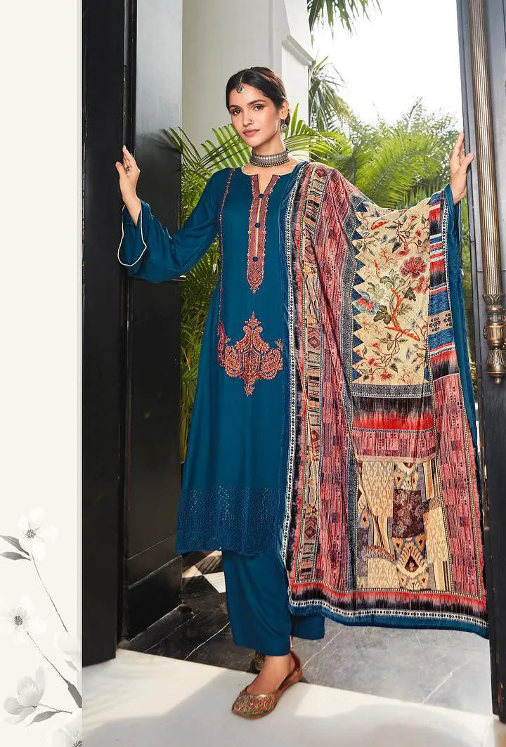 Unstitched Pure Staple Pashmina Embroidered Blue Winter Suits with Velvet Dupatta