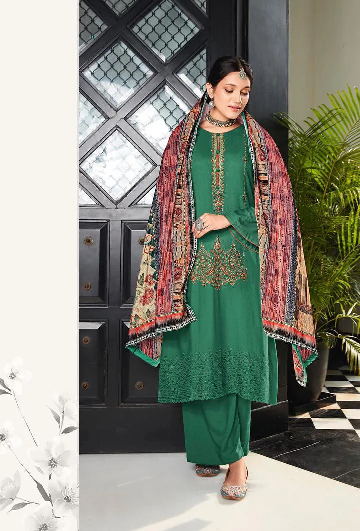 Unstitched Pure Staple Pashmina Embroidered Green Winter Suits with Velvet Dupatta