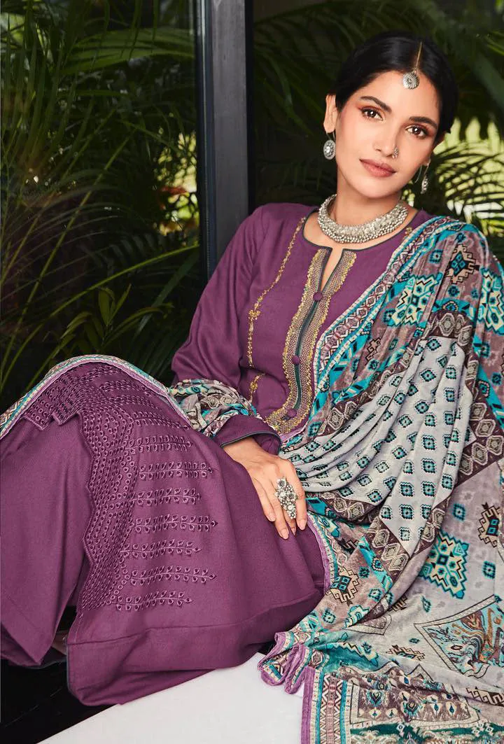 Unstitched Pure Staple Pashmina Embroidered Winter Suits with Velvet Dupatta