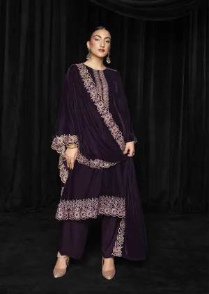 Unstitched Purple Soft Velvet Winter Salwar Suit Material for Women