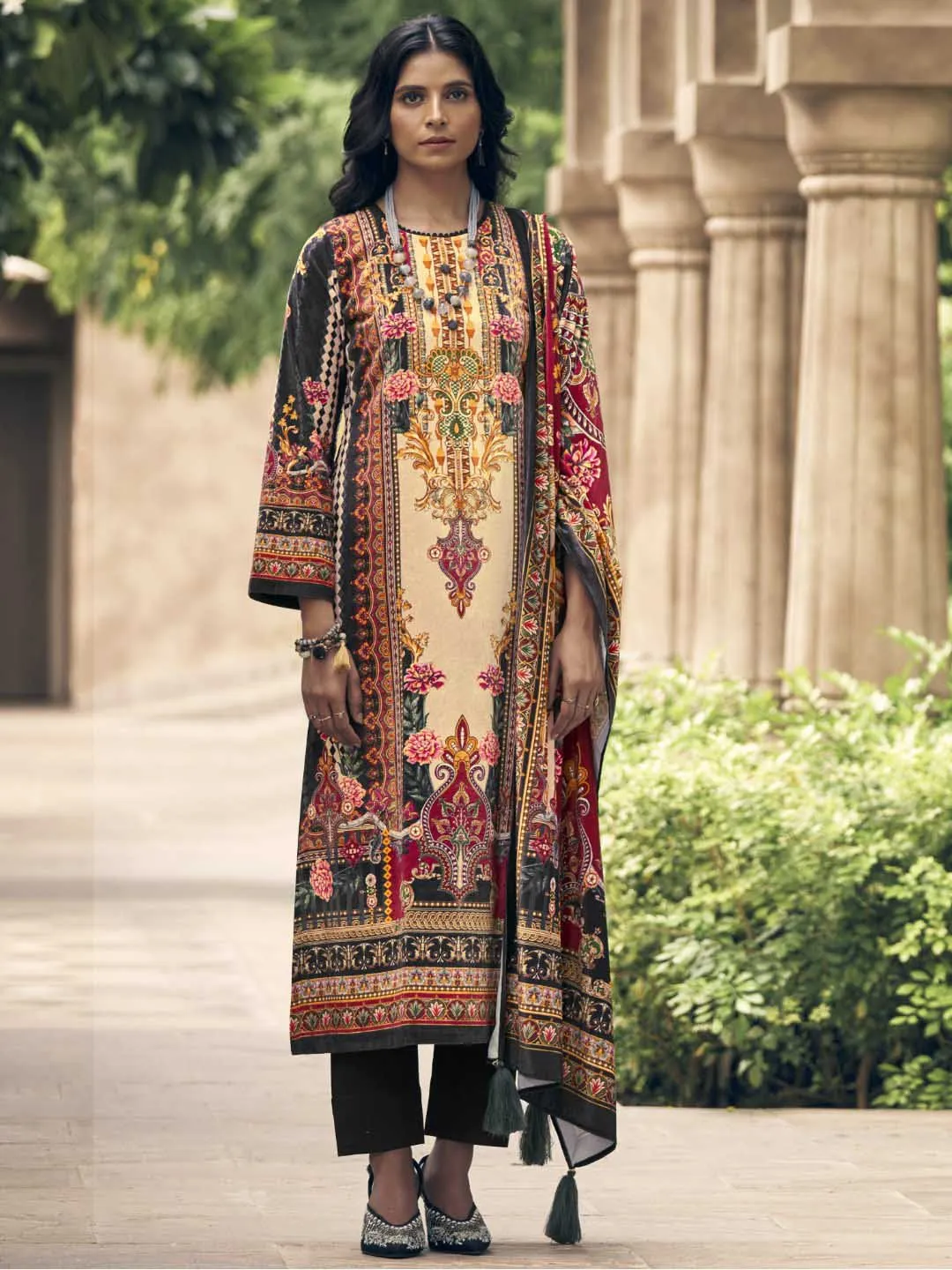 Unstitched Silk Velvet Green Pakistani Print Winter Suit